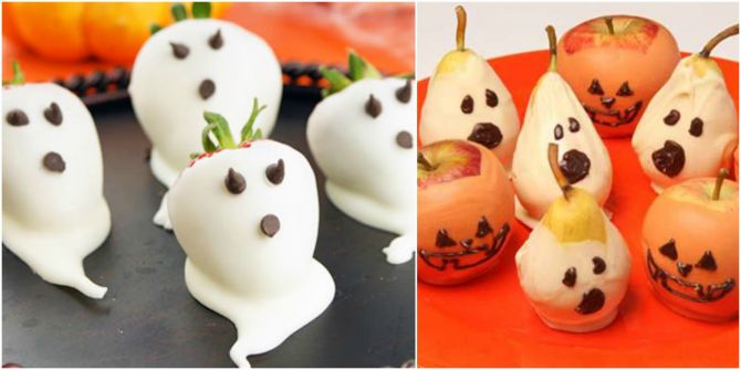 frutas-fantasma Frutas cobertas com chocolate branco formam fantasmas
