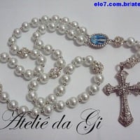 Terço para noivas em pérolas de vidro com strass