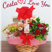 cesta I Love You... Ursinho + Rosas + caneca romântica café da manhã + chocolates... Ferrero Rocher,