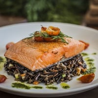 Opções de Almoço ou Jantar. Salmão Sobre Arroz Selvagem.